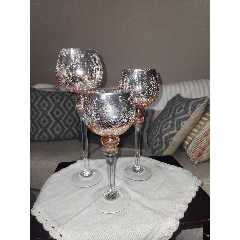 Set of 3 Rose Gold Mercury Glass Long Stem Candle Holders Votive Centerpiece